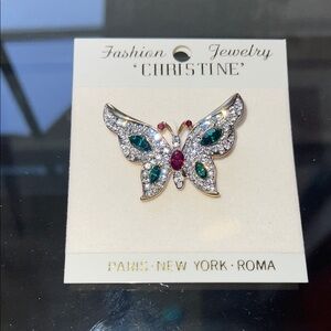 Green and Gold Butterfly Brooch with Crystals